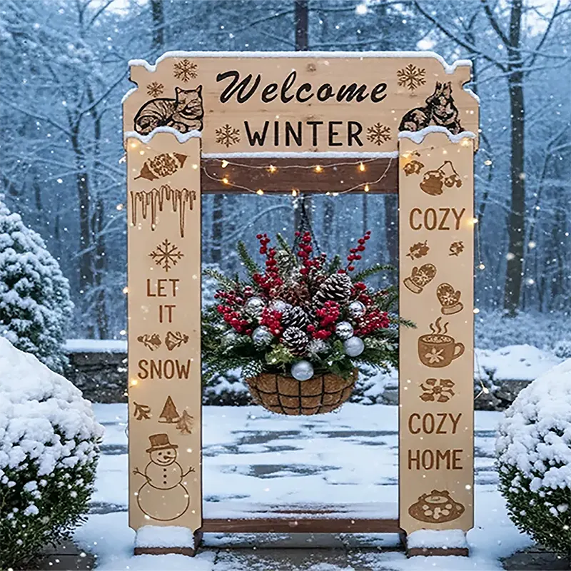 StandCraft Canada display stand decorated with a 'Welcome Winter' sign, festive lights, winter illustrations like snowflakes and a snowman, and a holiday foliage basket in a snowy setting.
