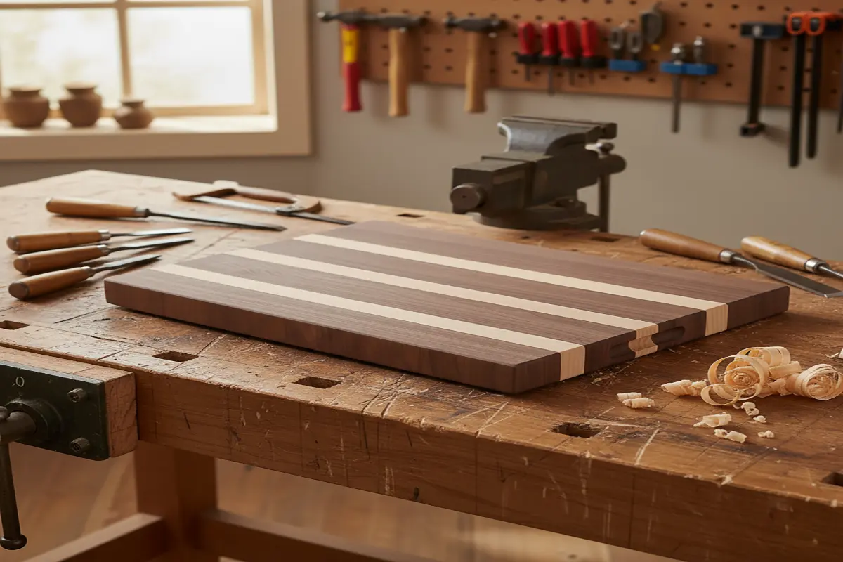 A handcrafted walnut and maple striped cutting board